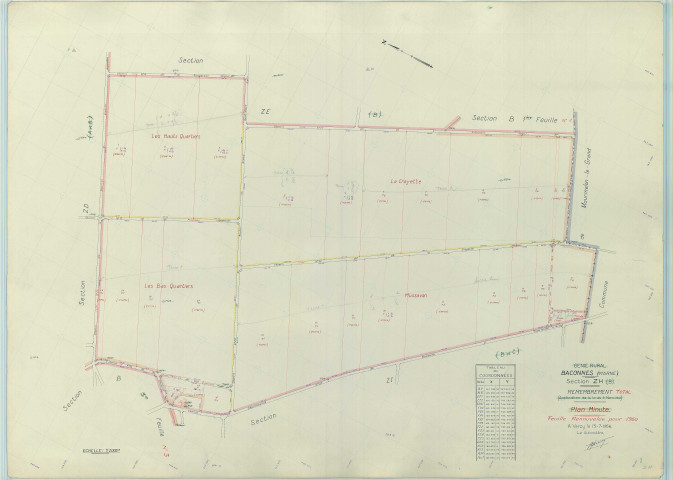 Baconnes (51031). Section ZH échelle 1/2000, plan renouvelé pour 1960, plan régulier (papier armé).