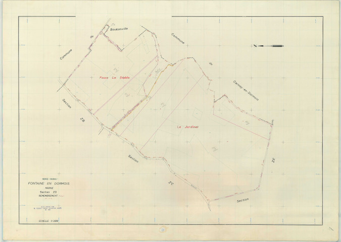Fontaine-en-Dormois (51255). Section ZD échelle 1/2000, plan remembré pour 1968, plan régulier (papier armé)
