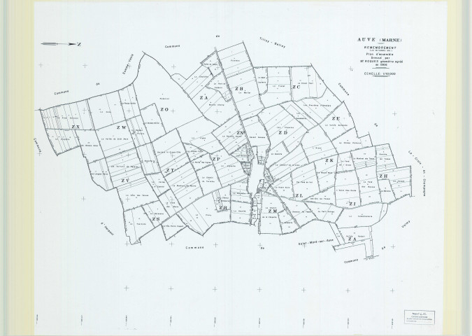 Auve (51027). Tableau d'assemblage échelle 1/10000, plan remembré pour 1966, plan régulier (papier)