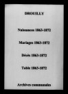 Drouilly. Naissances, mariages, décès et tables décennales des naissances, mariages, décès 1863-1872