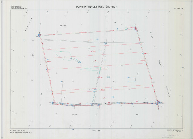 Dommartin-Lettrée (51212). Section YN échelle 1/2000, plan remembré pour 1991, plan régulier (calque)