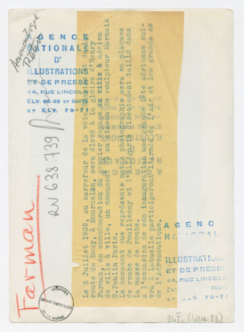 1939. Monument à la gloire d'Henry Farman par G. Paulin, élevé en 1939 au carrefour de la voie romaine et de la route de Bouy. Mr et Mme Farman au cours de la manifestation aérienne de l'après-midi. 2 juillet 1939