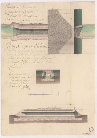 Pont de la Pompelle, plan coupe et élévation, 1774.