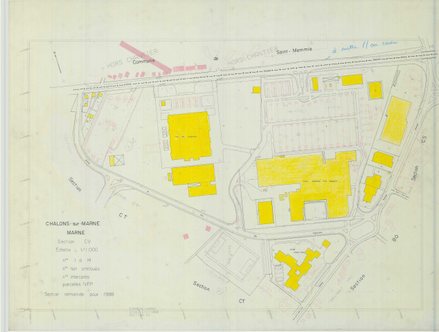 Châlons-en-Champagne (51108). Section CV échelle 1/1000, plan remanié pour 1988, plan régulier (calque)