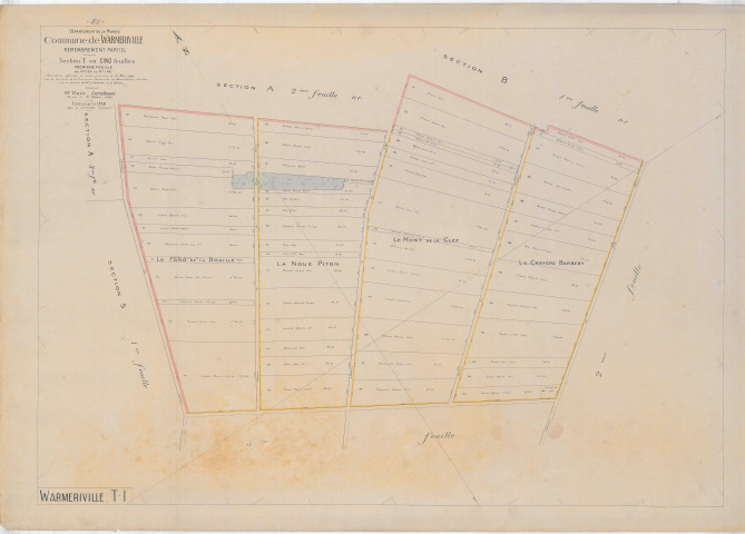 Warmeriville (51660). Section T1 échelle 1/1250, plan remembré pour 1923, plan régulier (papier).