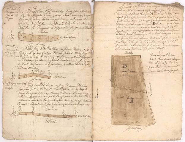 Plans terriers. Terres de Meuse-en-Bassigny et de Pouilly-en-Bassigny, 1772. Lieudit : "les Fontenailles", les "Drillons", "Vinot", pré Archey".