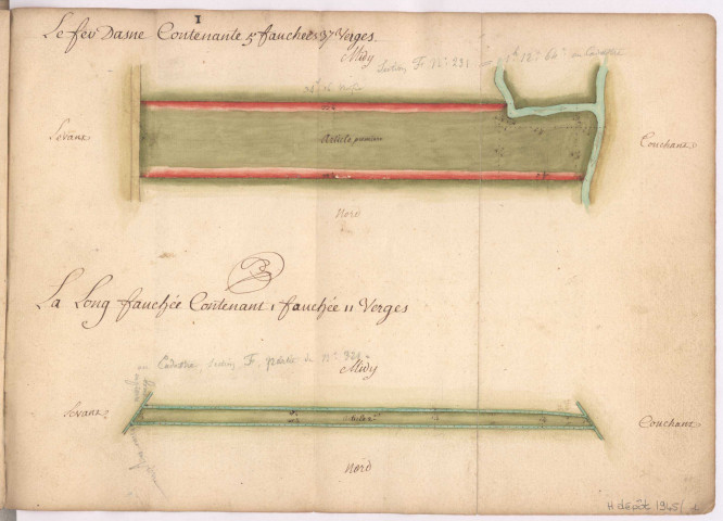 Cayet des plans et figures des prés de l'hotel Dieu de Sainte Manéhould, 1761. Plan n° 1 : le Fer Dasne, la Long Fauchée.