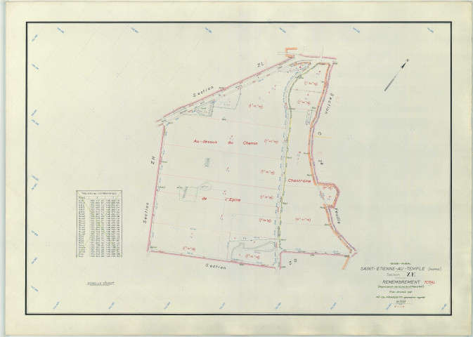 Saint-Étienne-au-Temple (51476). Section ZE échelle 1/2000, plan remembré pour 1963, plan régulier (papier armé)
