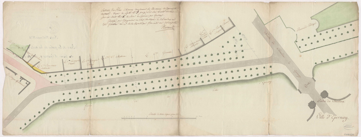 RN 51. Plan de la partie de la route située le long des fossés d'Epernay côté de Reims, 1795.