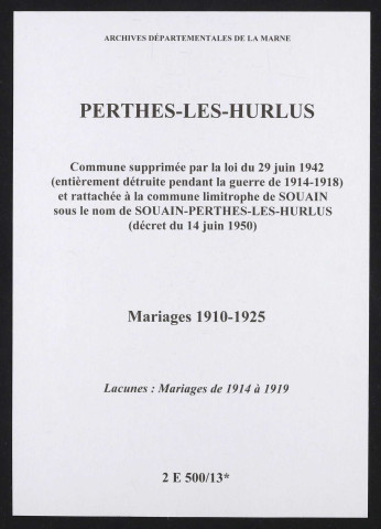 Perthes-lès-Hurlus. Mariages 1910-1925