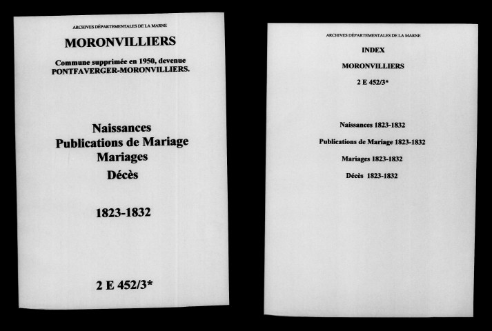 Moronvilliers. Naissances, publications de mariage, mariages, décès 1823-1832