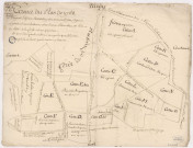 Pièces de procédures de l'instance entre les Seigneurs de Brugny et les habitants de ce lieu au sujet des batis de 1787 à 1789. Extrait du plan de 1762, temps ou l'objet de contestation etait encore en friches, Brugny, 1740.