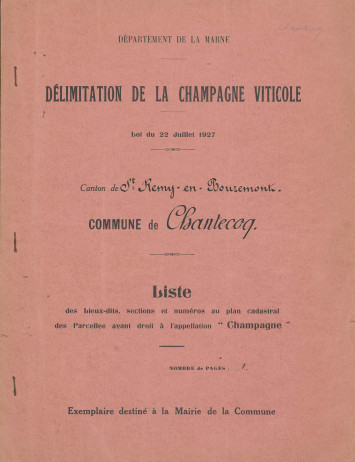 Liste des lieux de la commune de Chantecoq ayant droit à l'appellation "champagne", 1931 (Archives de la Marne, E depot 2827).