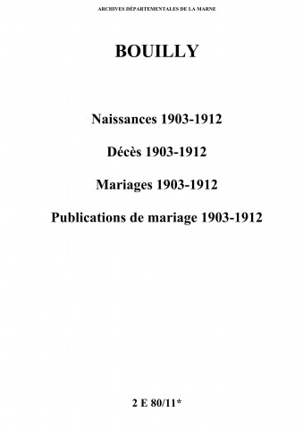 Bouilly. Naissances, décès, mariages, publications de mariage 1903-1912
