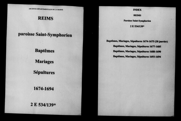 Reims. Saint-Symphorien. Baptêmes, mariages, sépultures 1674-1694