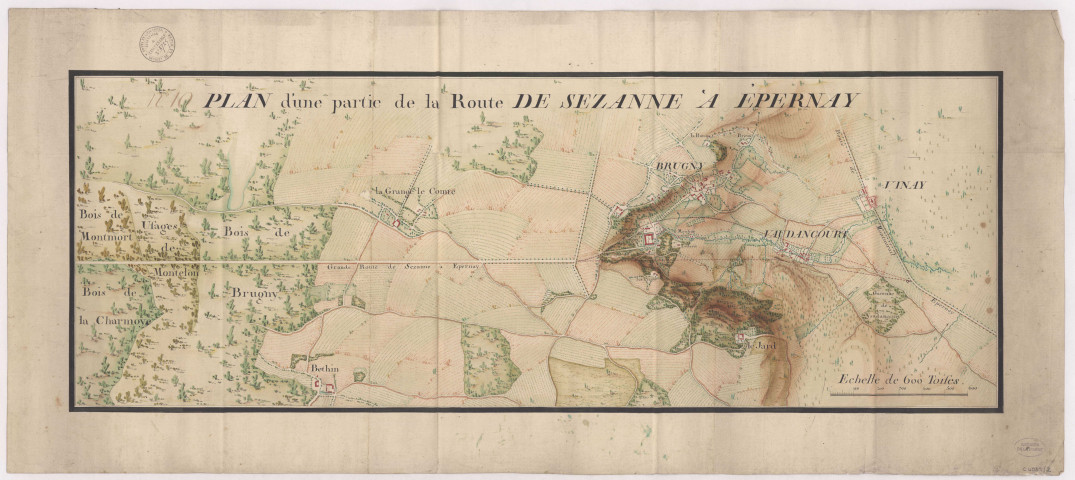 RN 51. Plan d'ensemble entre Vaudancourt et le bois de Montmort, 1780.