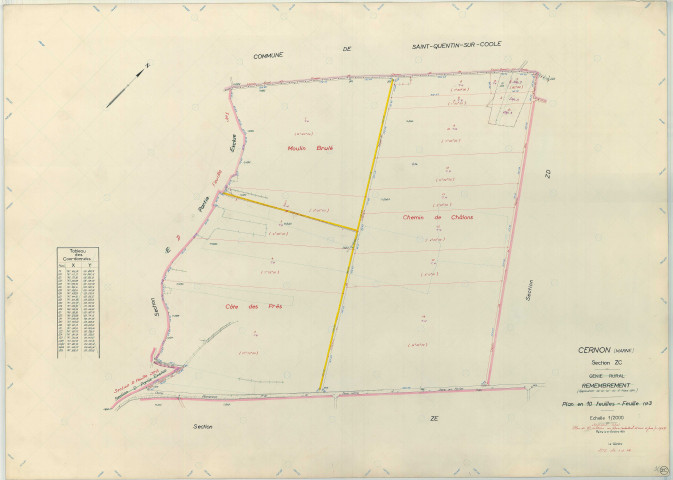 Cernon (51106). Section ZC échelle 1/2000, plan remembré pour 1967, plan régulier (papier armé)