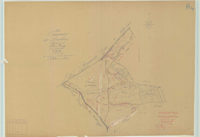 Pouillon (51444). Section A4 échelle 1/2500, plan mis à jour pour 1939, plan non régulier (papier).