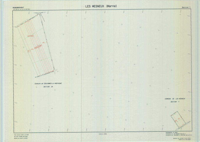 Mesneux (Les) (51365). Section Y échelle 1/2000, plan remembré pour 2005, contient une extension sur Coulomes-le-Montagne ZA, plan régulier de qualité P5 (calque).