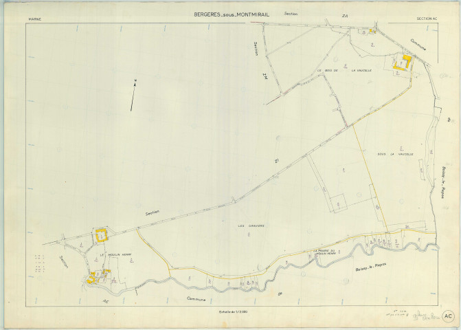 Bergères-sous-Montmirail (51050). Section AC échelle 1/2000, plan renouvelé pour 01/01/1976, régulier avant 20/03/1980 (papier armé)