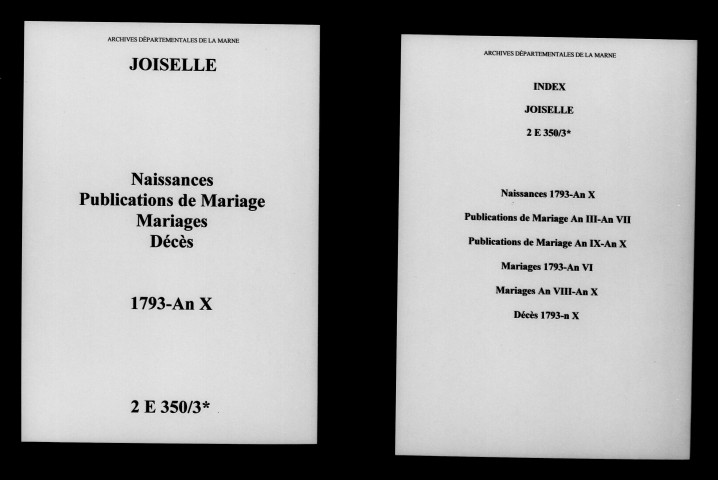 Joiselle. Naissances, publications de mariage, mariages, décès 1793-an X