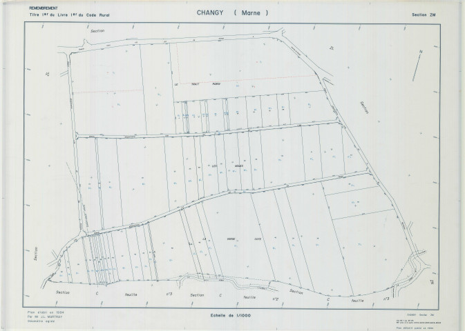 Changy (51122). Section ZM échelle 1/1000, plan remembré pour 1994, plan régulier (calque)