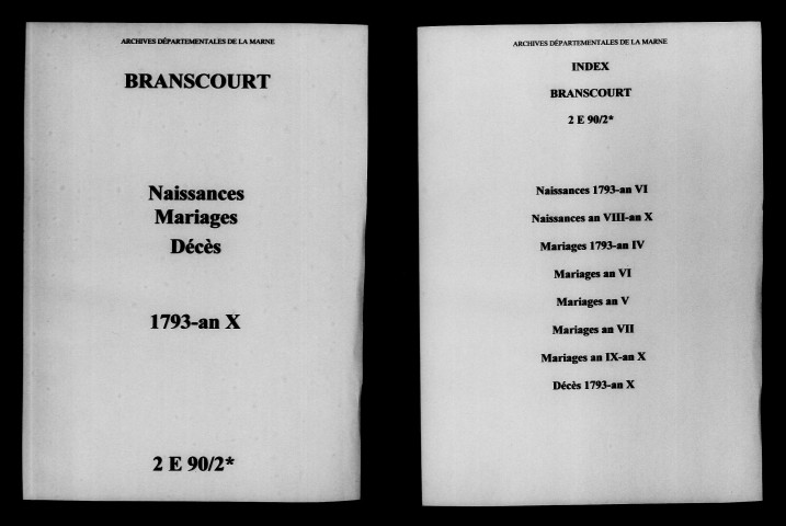 Branscourt. Naissances, mariages, décès 1793-an X