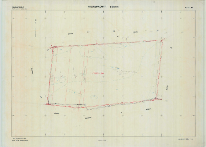 Vaudesincourt (51600). Section ZM échelle 1/2000, plan remembré pour 1989, plan régulier de qualité P5 (calque).
