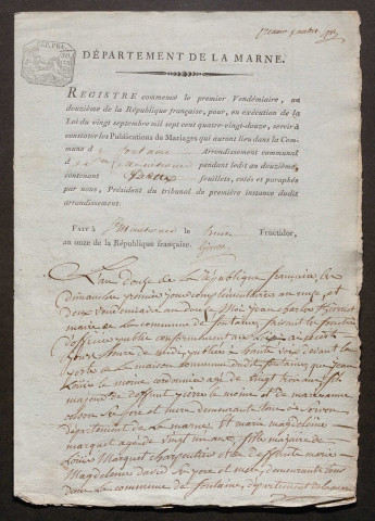 Fontaine-en-Dormois. Publications de mariage an XII-1927