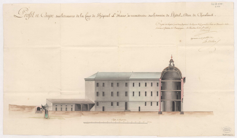 Profil et coupe sur le travers de la cour de l'hôpital St Maurs à reconstruire sur le terrein de l'hôtel-Dieu de Chaalons, 1786.