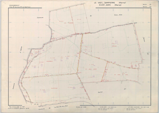 Vieil-Dampierre (Le) (51619). Section ZB ZE échelle 1/2000, plan remembré pour 1983 (extension sur Sivry-sur-Ante section ZO), plan régulier (papier armé)