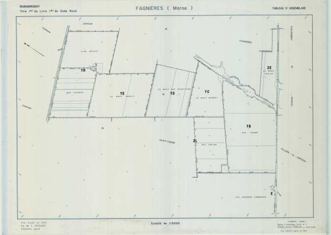 Fagnières (51242). Tableau d'assemblage 5 échelle 1/5000, plan remembré pour 1992 (Tableau d'assemblage feuille 2), plan régulier (calque)