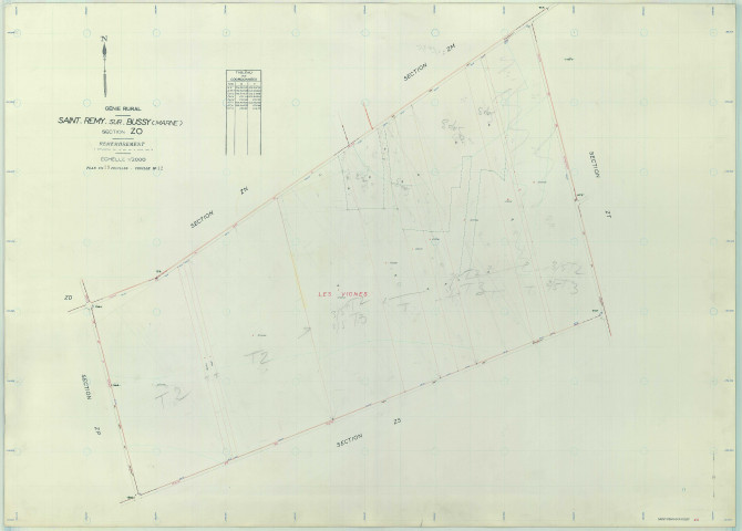 Saint-Remy-sur-Bussy (51515). Section ZO échelle 1/2000, plan remembré pour 1968, plan régulier (papier armé)