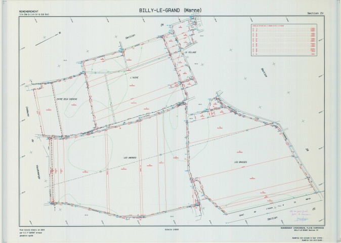 Billy-le-Grand (51061). Section ZV échelle 1/2000, plan remembré pour 2004 (remembrement intercommunal de Plaine Champenoise extension sur Billy-le-Grand), plan régulier (calque)