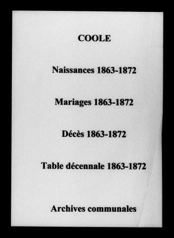 Coole. Naissances, mariages, décès et tables décennales des naissances, mariages, décès 1863-1872