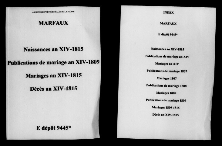 Marfaux. Naissances, mariages, décès, publications de mariage an XIV-1815