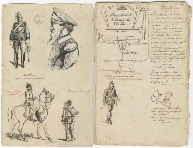 Carnet annoté de dessins à l'encre représentant les uniformes et équipements de militaires étrangers notamment à Verdun en 1873.