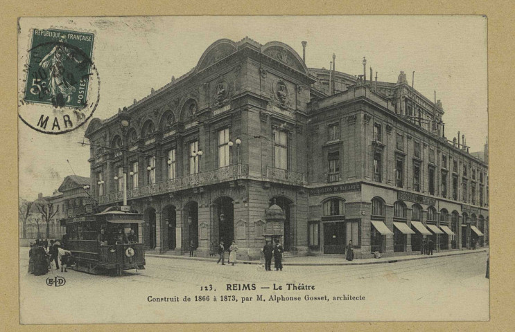 REIMS. 123. Le théâtre - construit de 1866 à 1873, par M. Alphonse Gosset, architecte.
ParisE. Le Deley, imp.-éd.1912