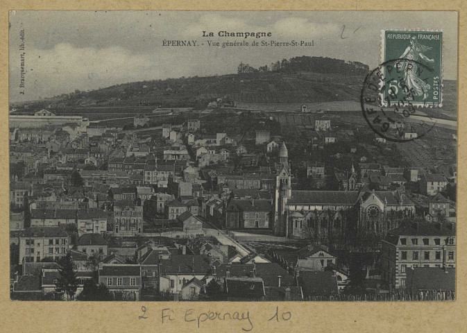 ÉPERNAY. La Champagne-Épernay-Vue générale de Saint-Pierre-Saint Paul.
Édition lib. J. Bracquemart.[vers 1909]