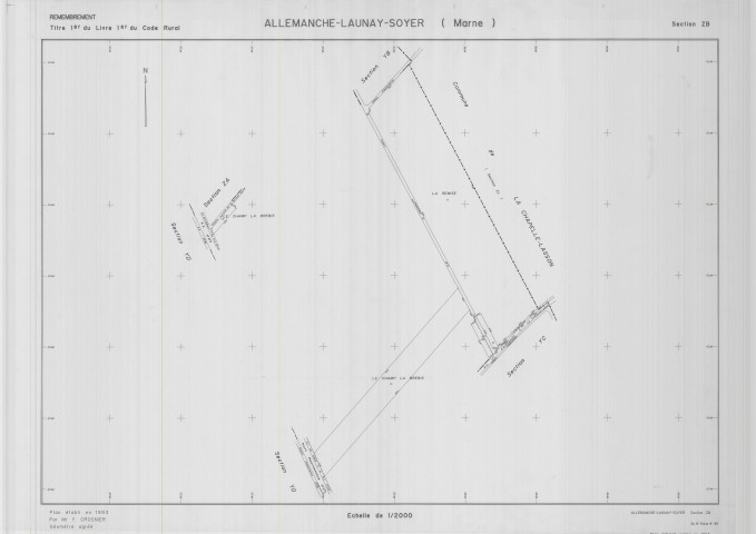 Allemanche-Launay-et-Soyer (51004). Section ZB 1 échelle 1/2000, plan remembré pour 01/01/1994, plan régulier de qualité P5 (calque)