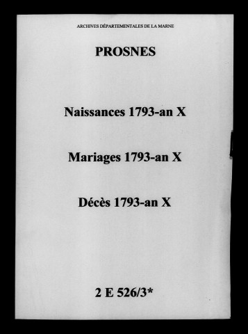 Prosnes. Naissances, mariages, décès 1793-an X