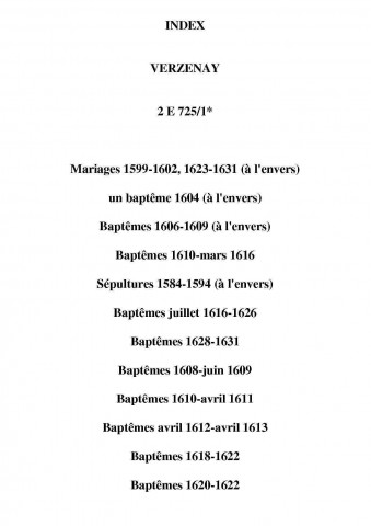 Verzenay. Baptêmes, mariages, sépultures 1584-1739