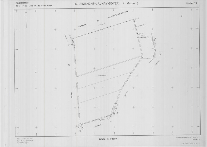 Allemanche-Launay-et-Soyer (51004). Section YO échelle 1/2000, plan remembré pour 01/01/1994, plan régulier de qualité P5 (calque)