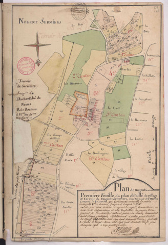 Plan détaillé du village et terroir de Nogent-Sermiers, Courtaumont et Saint-Martin : 1ère feuille (1776), Pierre Villain