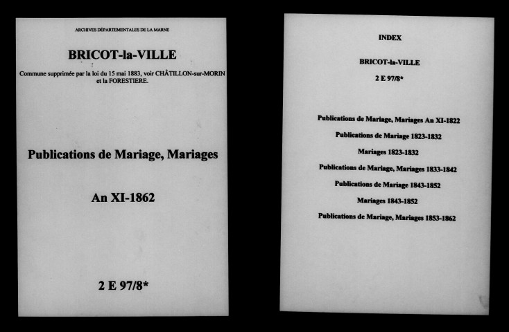 Bricot-la-Ville. Publications de mariage, mariages an XI-1862