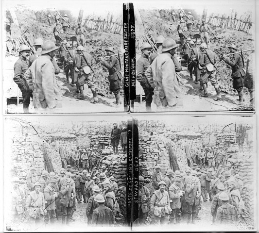 Soldats du Génie montant faire sauter des nids de [mortier] (vue 1). Poste de secours, carrières Saint Waast (vue 2)