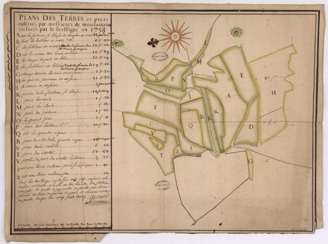 Abbaye de Trois-Fontaines. Plan d'arpentage des terres cultivées par l'abbaye, par Gerard, 1758.