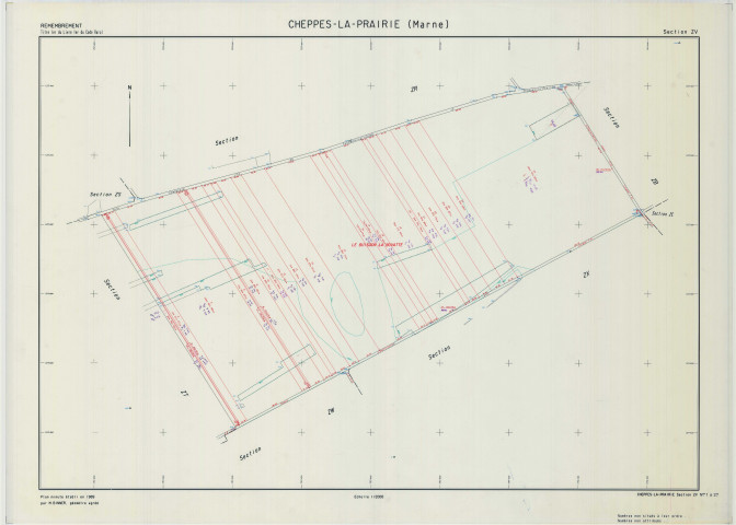 Cheppes-la-Prairie (51148). Section ZV échelle 1/2000, plan remembré pour 1989, plan régulier (calque)