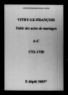 Vitry-le-François. Tables des actes de mariages A-C 1721-1730