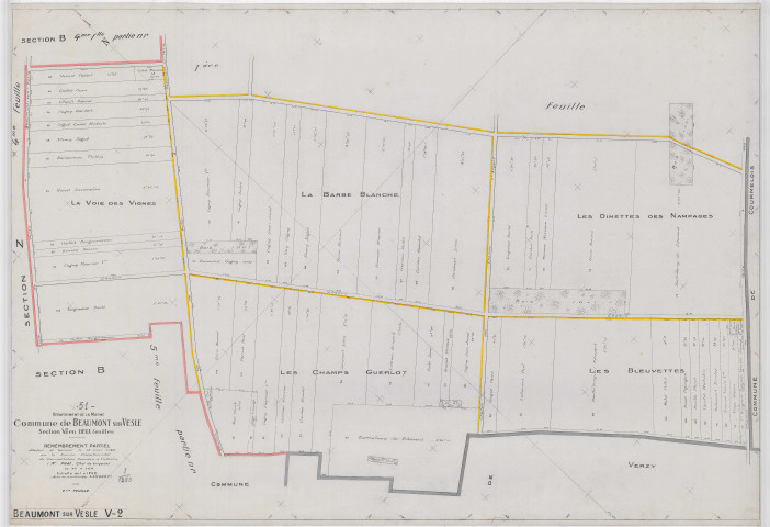 Beaumont-sur-Vesle (51044). Section V2 2 échelle 1/1250, plan remembré pour 1922, plan régulier (papier).